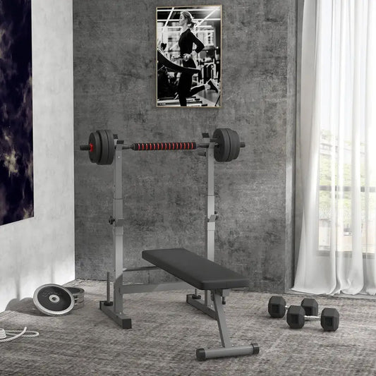 Adjustable Weight Bench & Dip Station with Barbell Rack – Heavy Duty Foldable Steel Bench Press for Strength Training in Compact Home Gym Spaces