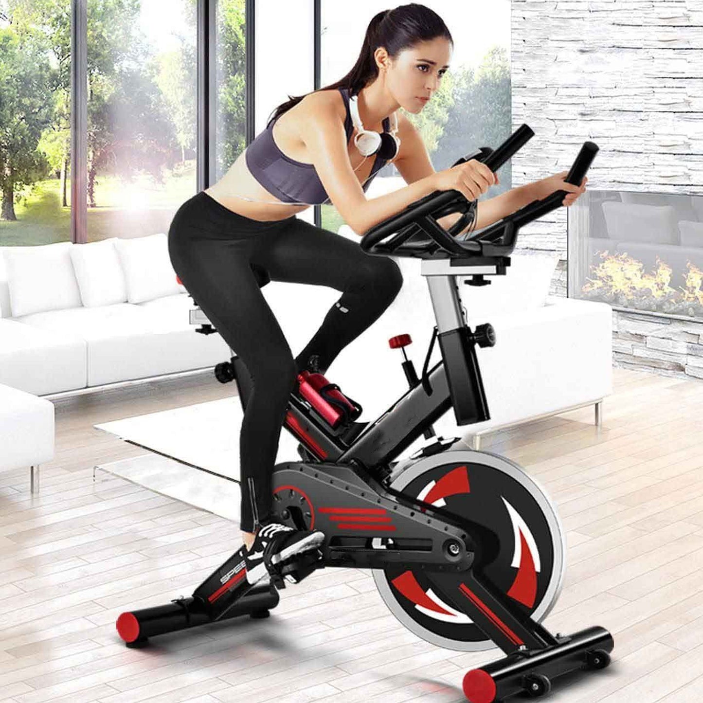 Quiet Stationary Spin Bike with Steel Frame, Silent Belt Drive, LCD Display & Tablet Holder for Cardio Training in Home Gym