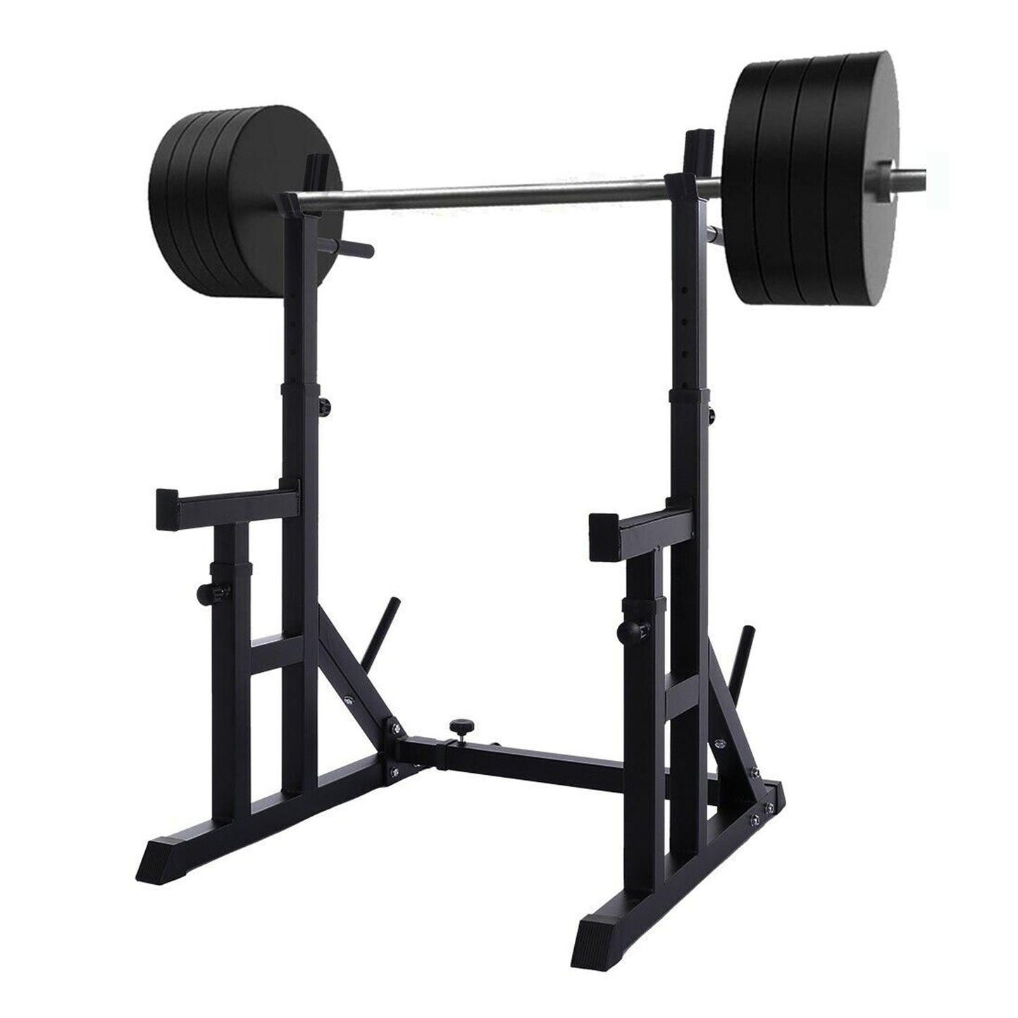 Adjustable Heavy Duty Squat & Bench Press Rack with Dip Bars – Reinforced Steel Frame, Safety Spotters & Barbell Holders for Home Strength Training