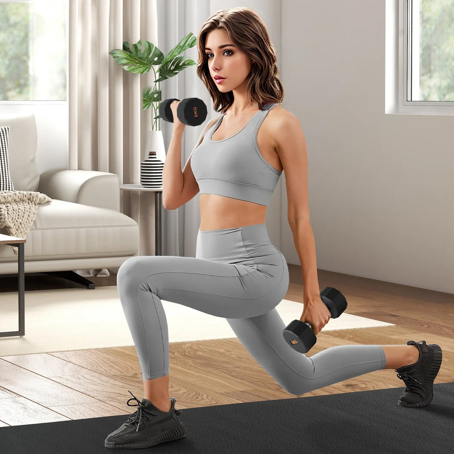 Rubber Coated Round Hex Dumbbell – Anti‑Roll Design, Knurled Grip Strength Training Dumbbells for Home Gym