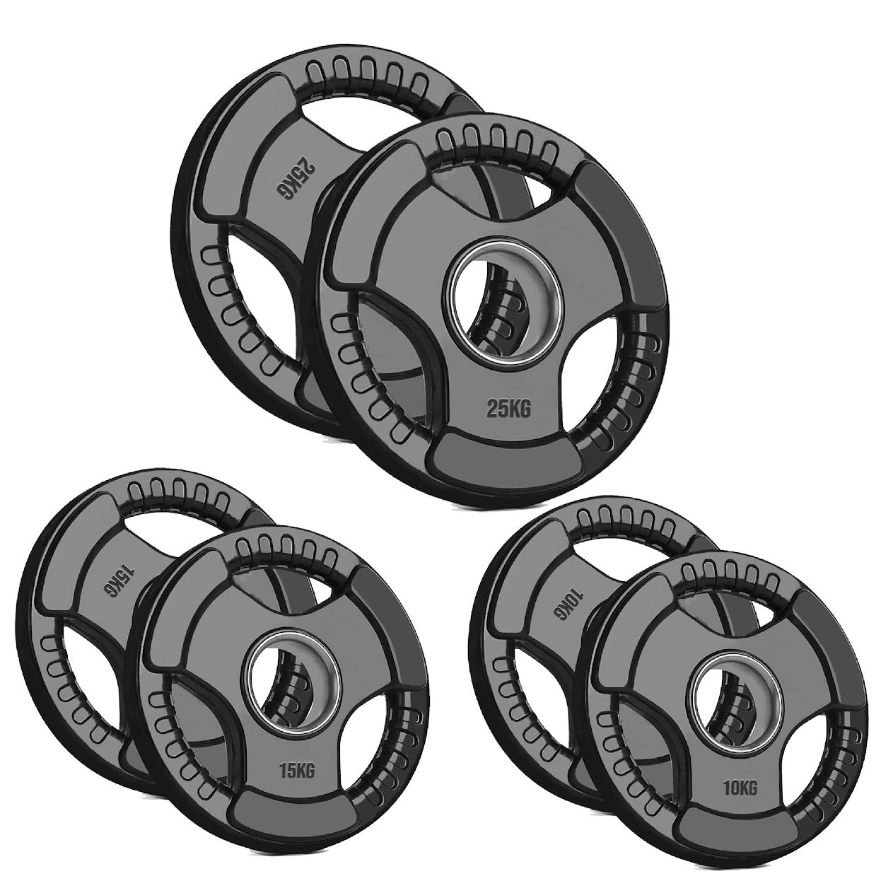 Trim-Grip Olympic Weight Plate – Black Rubber-Coated Cast‑Iron, Tri-Grip Handles for Barbell & Dumbbell Strength Training, Home Gym