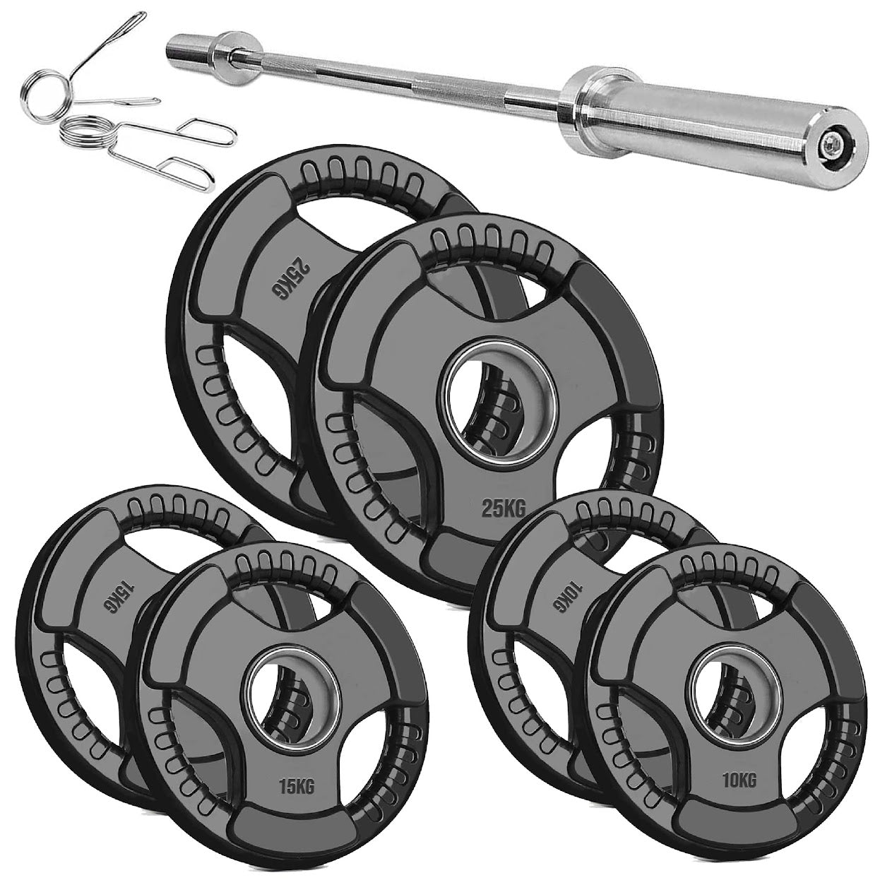 Trim-Grip Olympic Weight Plate – Black Rubber-Coated Cast‑Iron, Tri-Grip Handles for Barbell & Dumbbell Strength Training, Home Gym