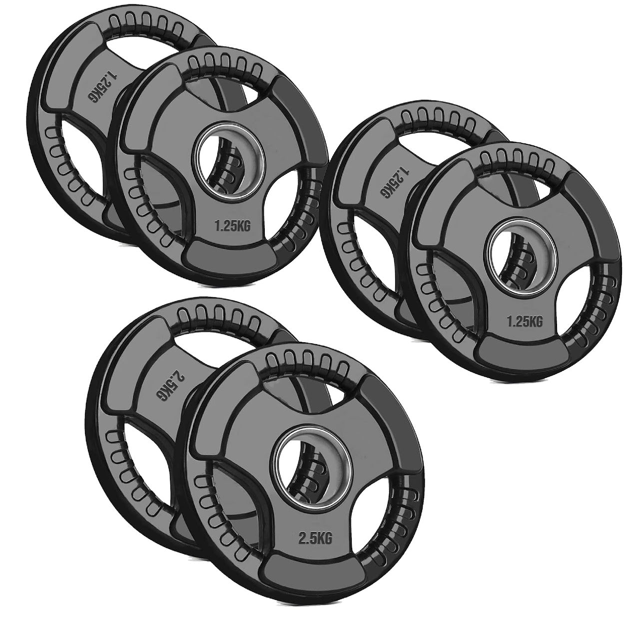Trim-Grip Olympic Weight Plate – Black Rubber-Coated Cast‑Iron, Tri-Grip Handles for Barbell & Dumbbell Strength Training, Home Gym