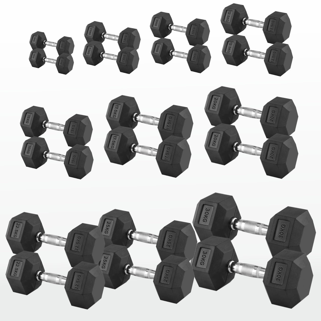 Hex Dumbbells 2.5kg–60kg Pairs & Sets – Heavy-Duty Rubber-Coated Anti-Roll Weights with Knurled Handles for Strength Training – Home Gym or Studio