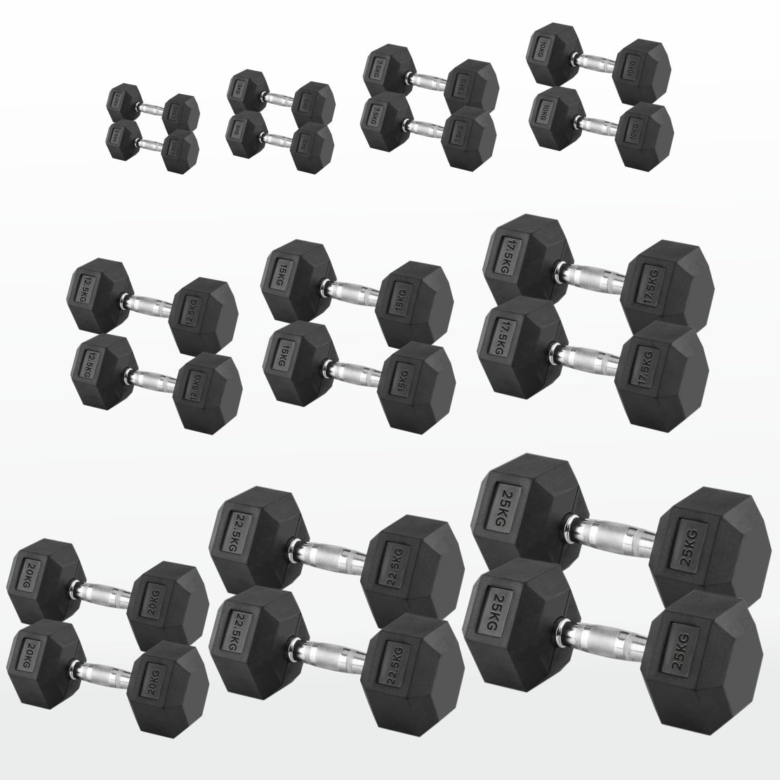 Hex Dumbbells 2.5kg–60kg Pairs & Sets – Heavy-Duty Rubber-Coated Anti-Roll Weights with Knurled Handles for Strength Training – Home Gym or Studio
