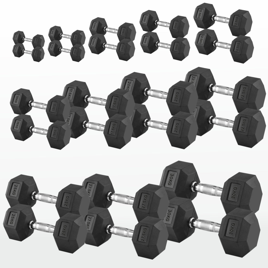 Hex Dumbbells 2.5kg–60kg Pairs & Sets – Heavy-Duty Rubber-Coated Anti-Roll Weights with Knurled Handles for Strength Training – Home Gym or Studio
