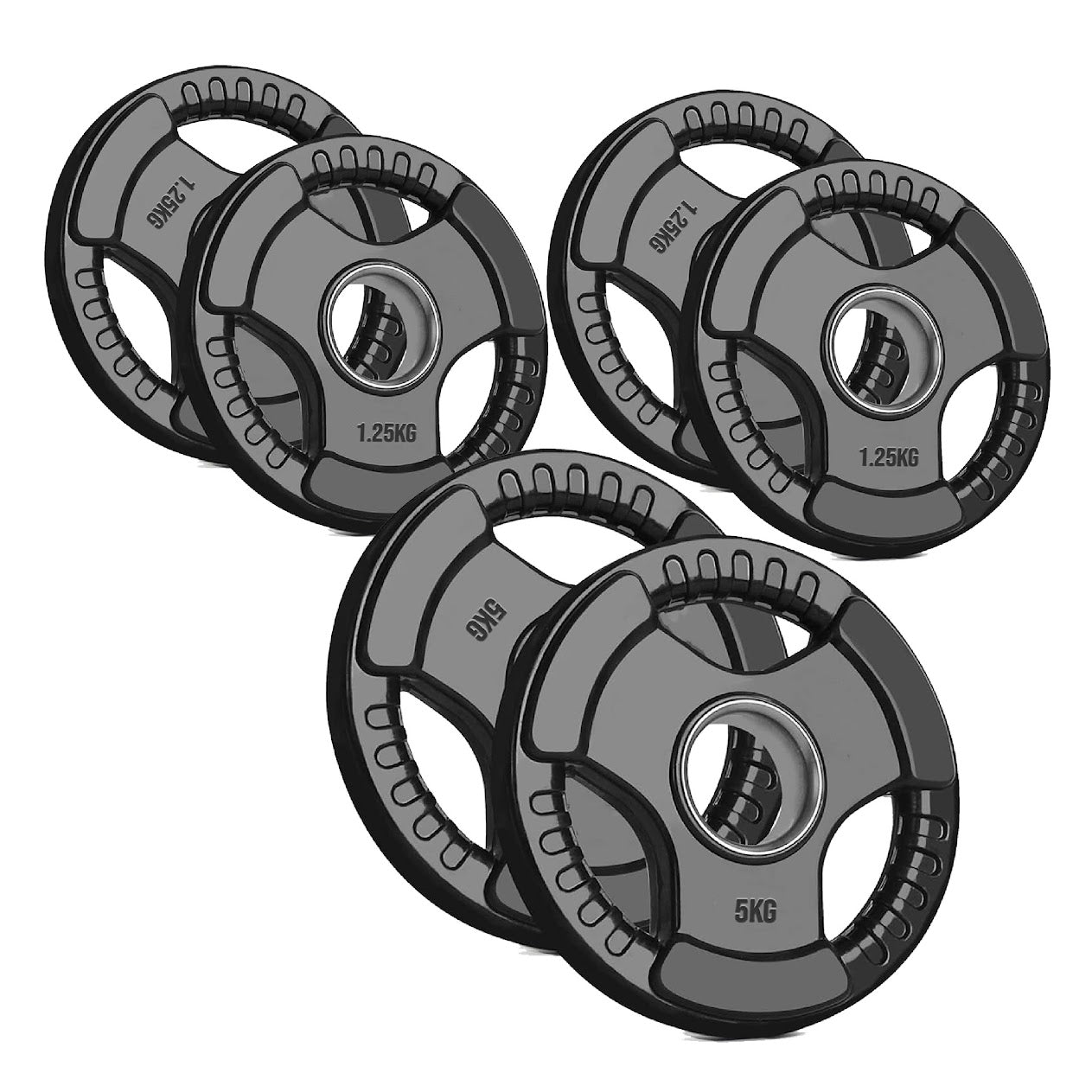 Trim-Grip Olympic Weight Plate – Black Rubber-Coated Cast‑Iron, Tri-Grip Handles for Barbell & Dumbbell Strength Training, Home Gym