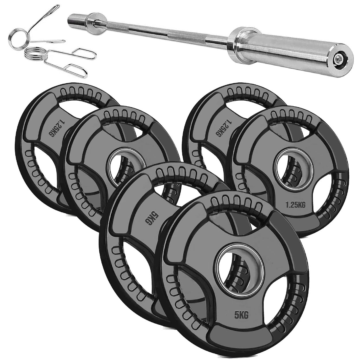 Trim-Grip Olympic Weight Plate – Black Rubber-Coated Cast‑Iron, Tri-Grip Handles for Barbell & Dumbbell Strength Training, Home Gym