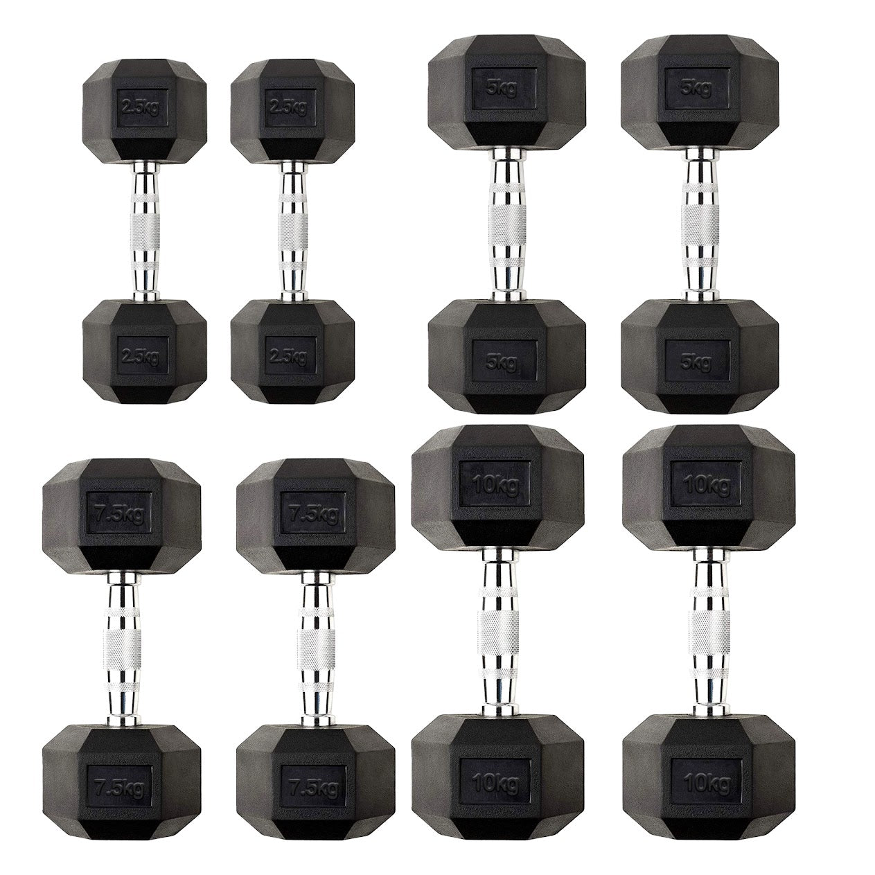 Hex Dumbbells 2.5kg–60kg Pairs & Sets – Heavy-Duty Rubber-Coated Anti-Roll Weights with Knurled Handles for Strength Training – Home Gym or Studio