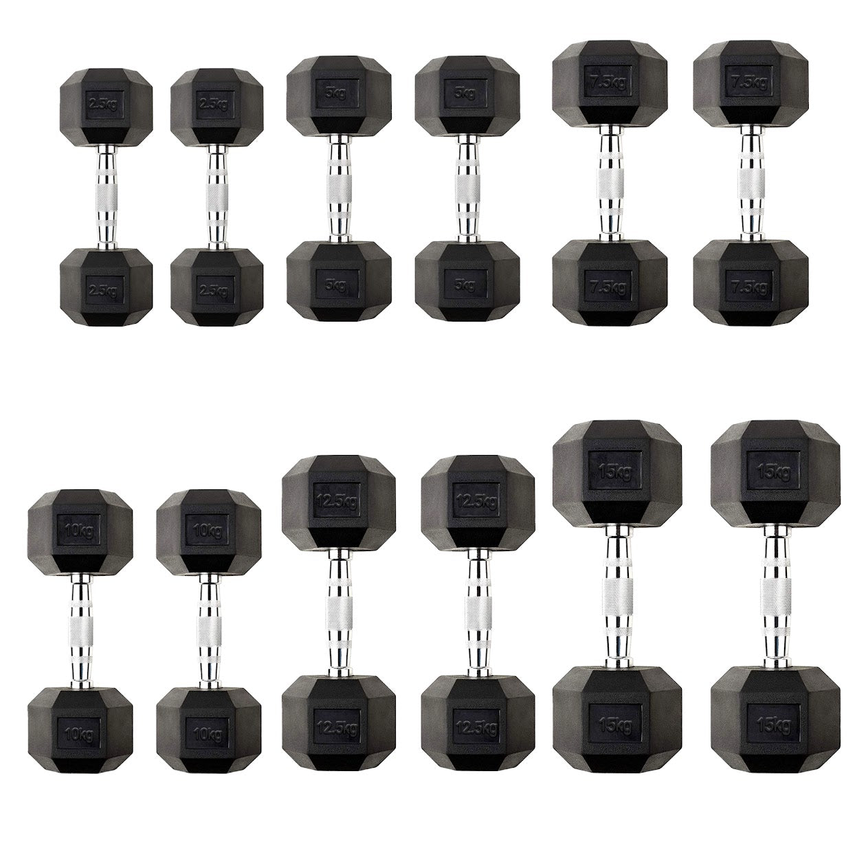 Hex Dumbbells 2.5kg–60kg Pairs & Sets – Heavy-Duty Rubber-Coated Anti-Roll Weights with Knurled Handles for Strength Training – Home Gym or Studio