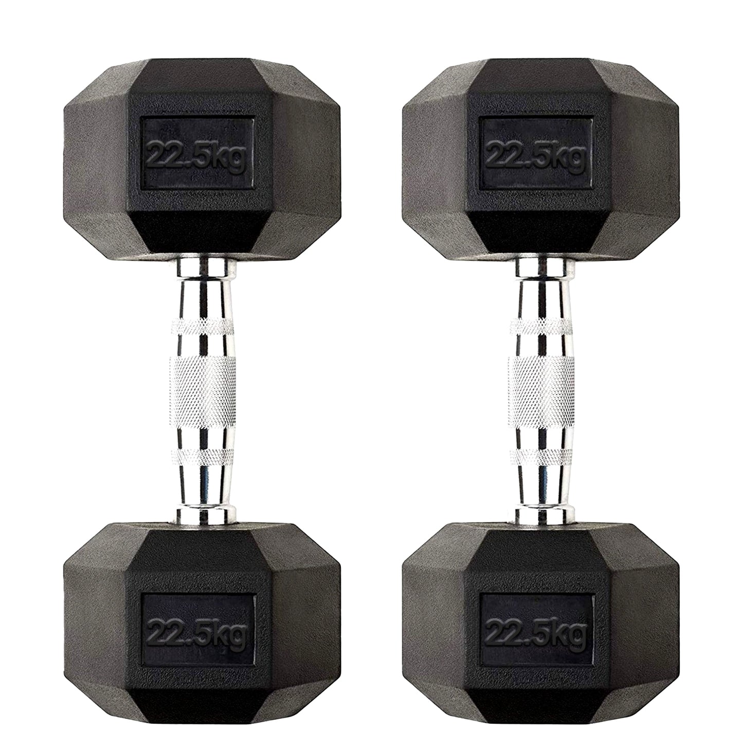 Hex Dumbbell Pair 22.5kg – Rubber-Coated Cast Iron Dumbbells with Anti-Roll Hex Heads & Chrome Handles – 2 x 22.5kg Free Weights for Strength Training UK