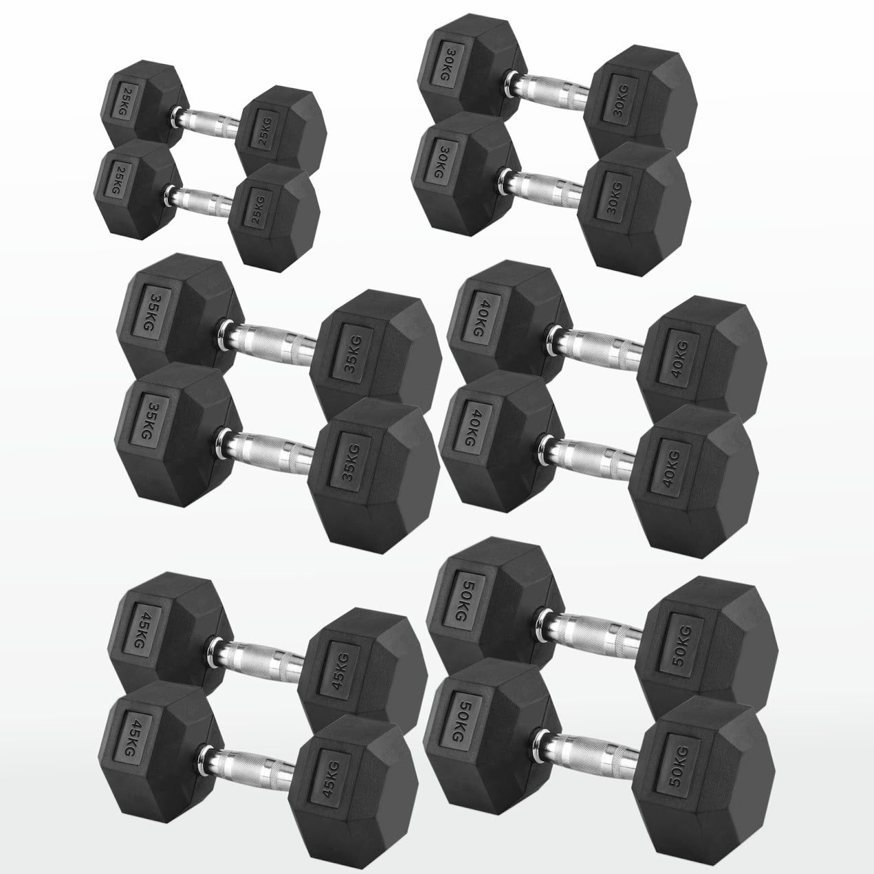 Hex Dumbbells 2.5kg–60kg Pairs & Sets – Heavy-Duty Rubber-Coated Anti-Roll Weights with Knurled Handles for Strength Training – Home Gym or Studio