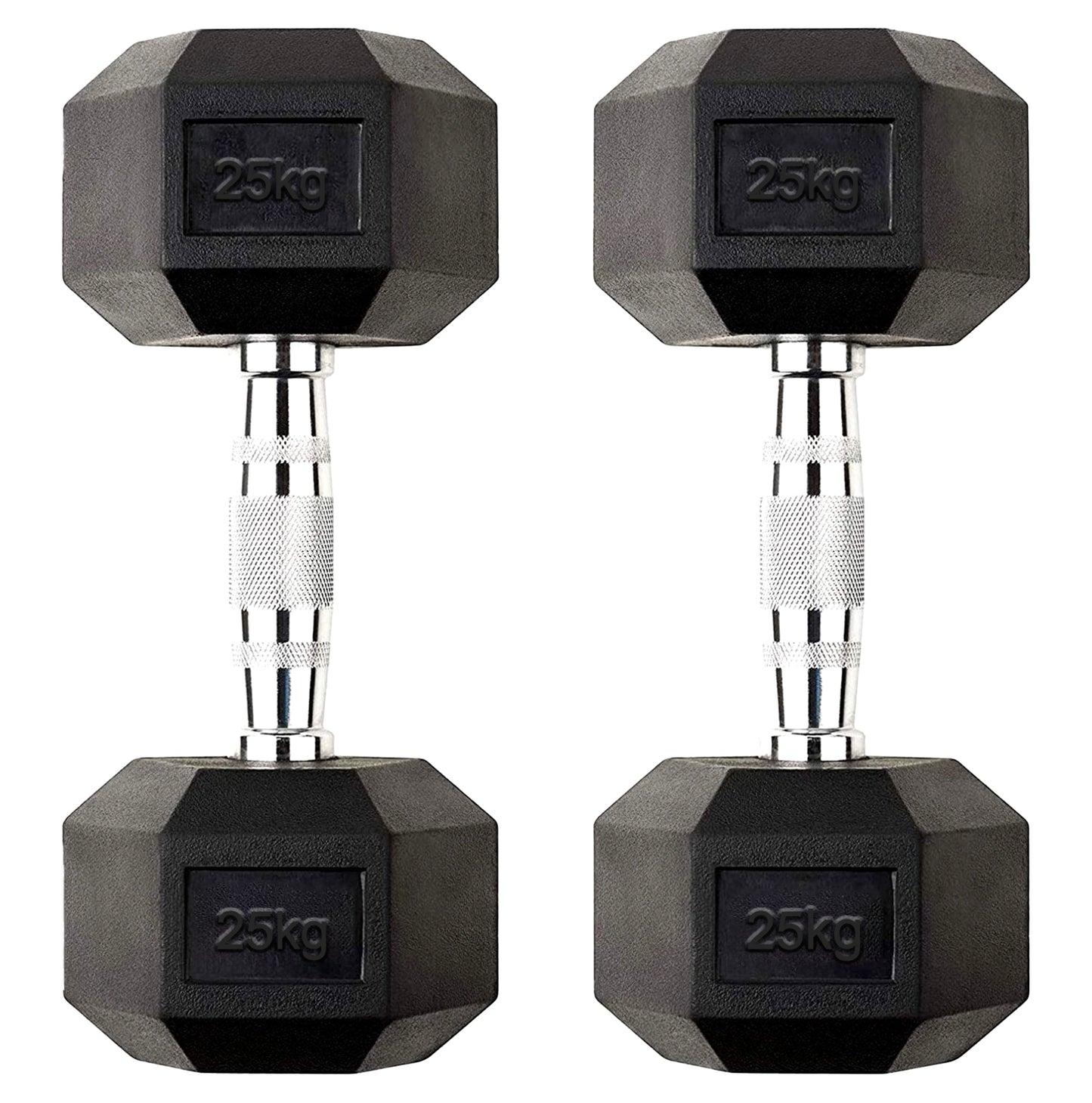 Hex Dumbbell Pair 25kg – Rubber-Coated Cast Iron Weights with Anti-Roll Hex Design & Knurled Chrome Handles – 2 x 25kg Dumbbells for Strength Training UK