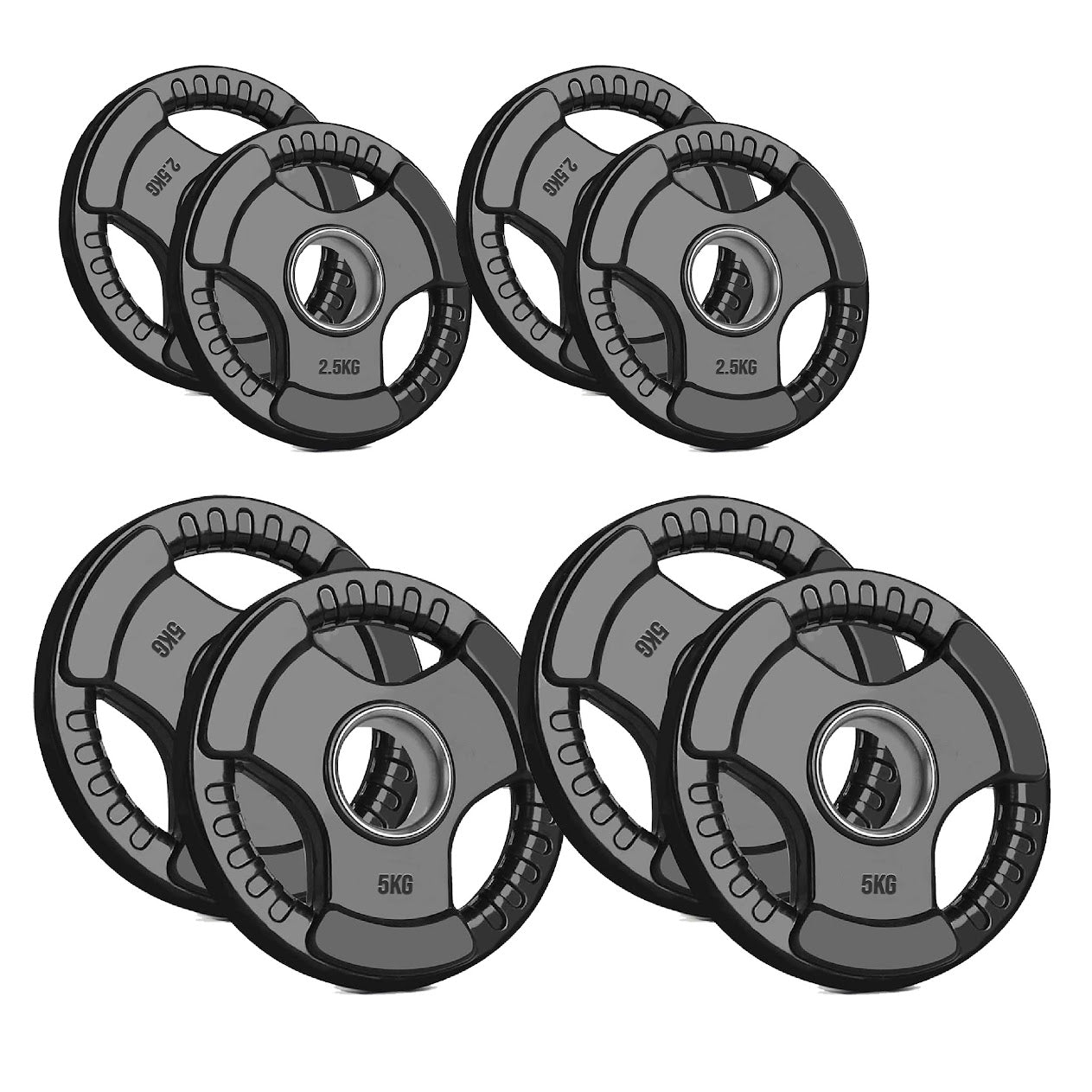 Trim-Grip Olympic Weight Plate – Black Rubber-Coated Cast‑Iron, Tri-Grip Handles for Barbell & Dumbbell Strength Training, Home Gym