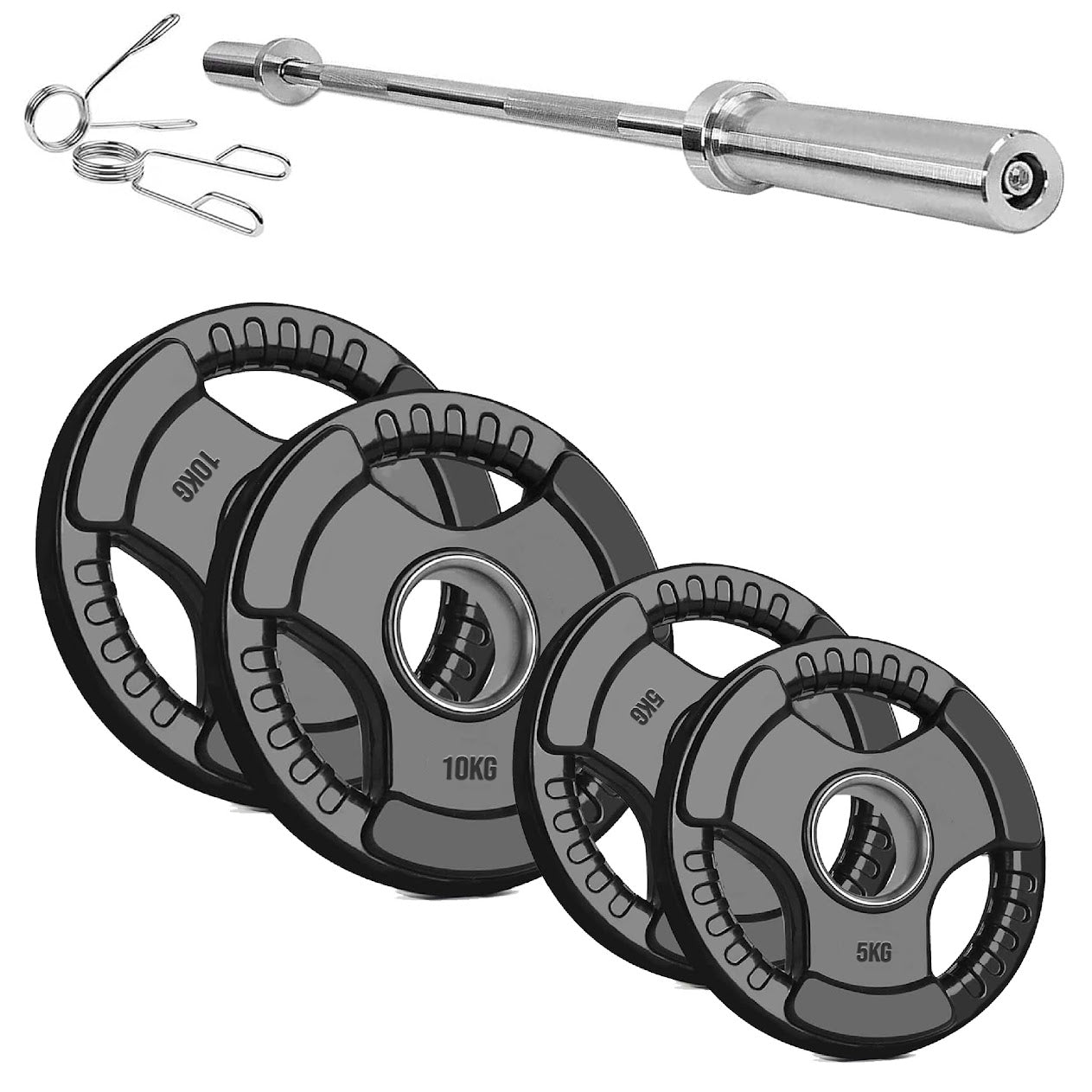 Trim-Grip Olympic Weight Plate – Black Rubber-Coated Cast‑Iron, Tri-Grip Handles for Barbell & Dumbbell Strength Training, Home Gym