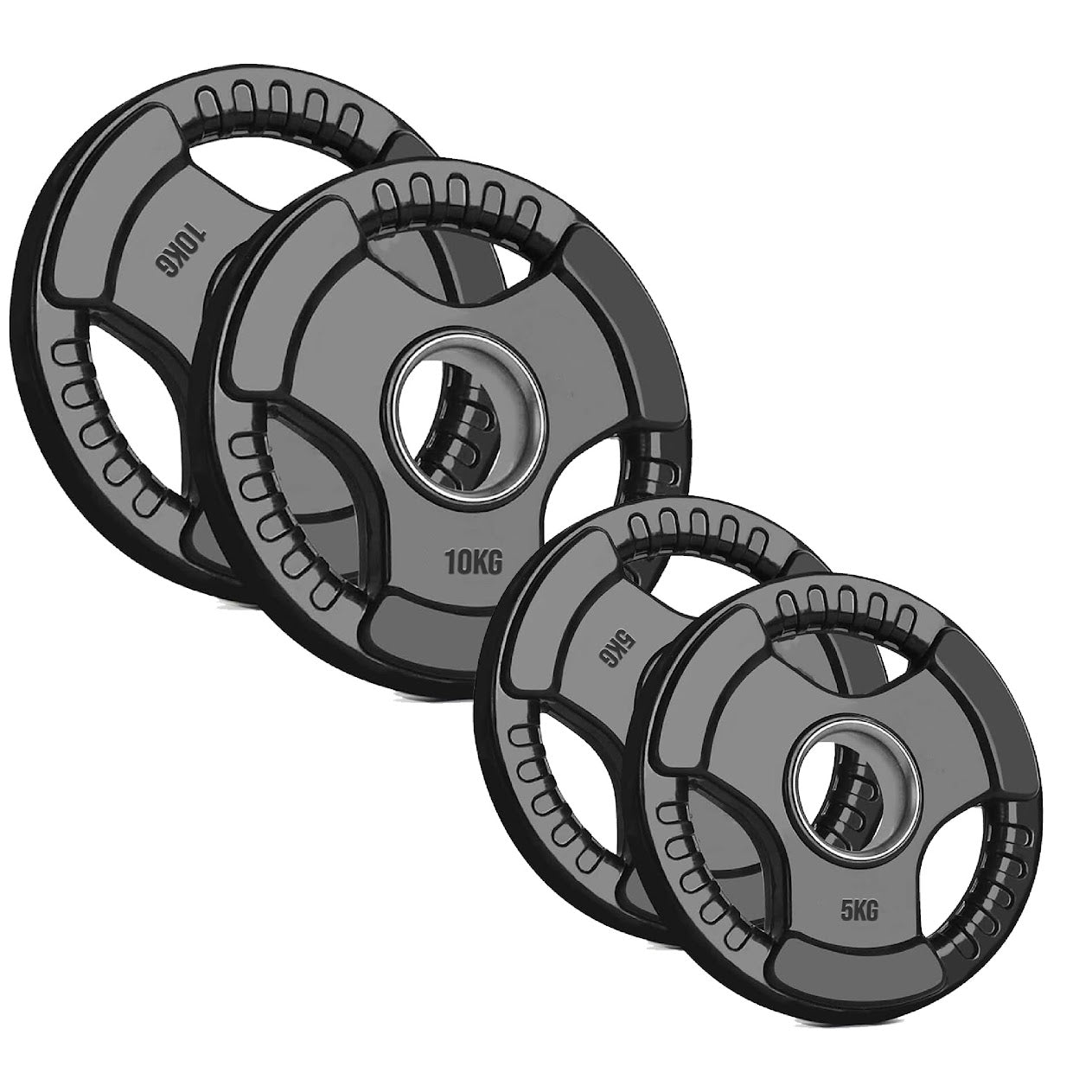 Trim-Grip Olympic Weight Plate – Black Rubber-Coated Cast‑Iron, Tri-Grip Handles for Barbell & Dumbbell Strength Training, Home Gym