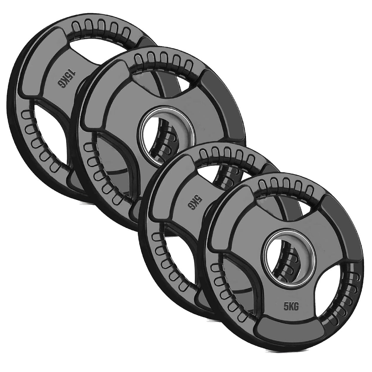 Trim-Grip Olympic Weight Plate – Black Rubber-Coated Cast‑Iron, Tri-Grip Handles for Barbell & Dumbbell Strength Training, Home Gym