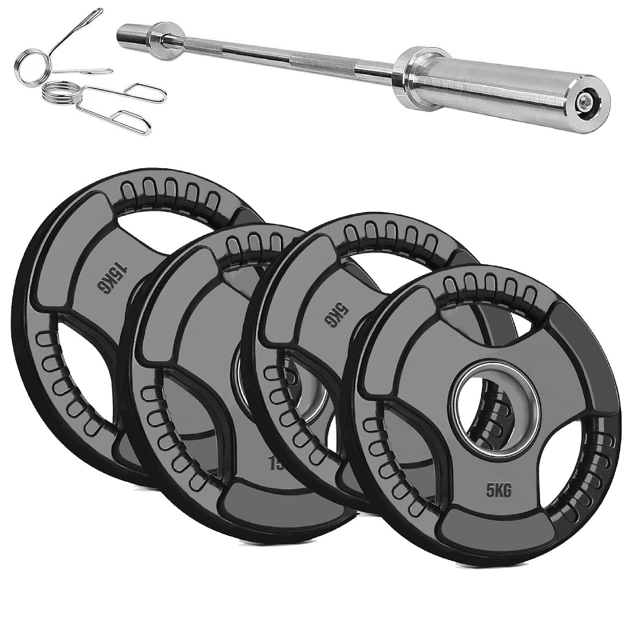 Trim-Grip Olympic Weight Plate – Black Rubber-Coated Cast‑Iron, Tri-Grip Handles for Barbell & Dumbbell Strength Training, Home Gym