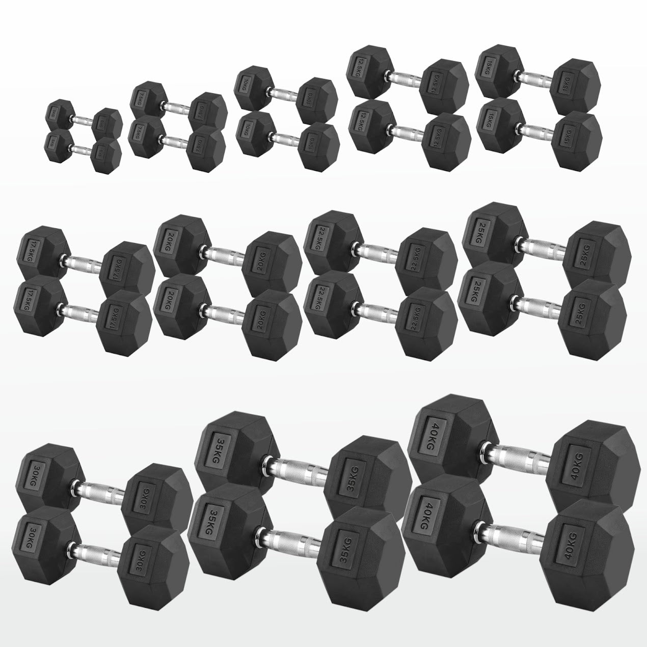Hex Dumbbells 2.5kg–60kg Pairs & Sets – Heavy-Duty Rubber-Coated Anti-Roll Weights with Knurled Handles for Strength Training – Home Gym or Studio