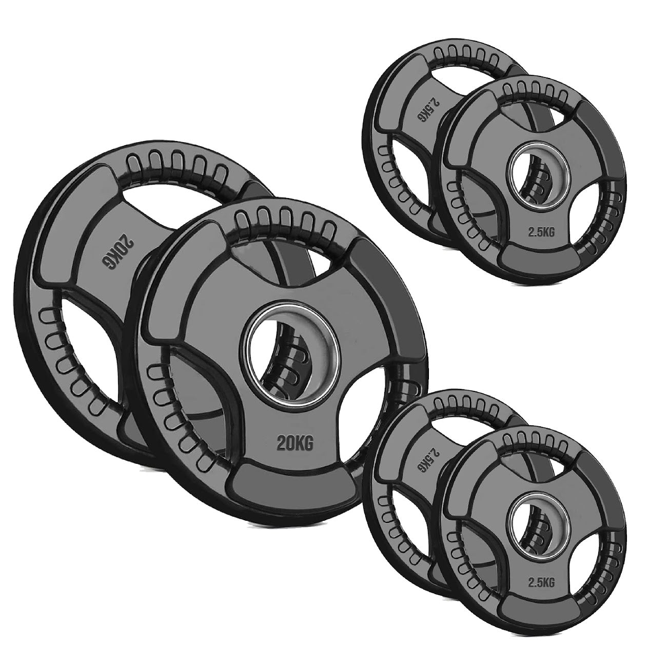 Trim-Grip Olympic Weight Plate – Black Rubber-Coated Cast‑Iron, Tri-Grip Handles for Barbell & Dumbbell Strength Training, Home Gym