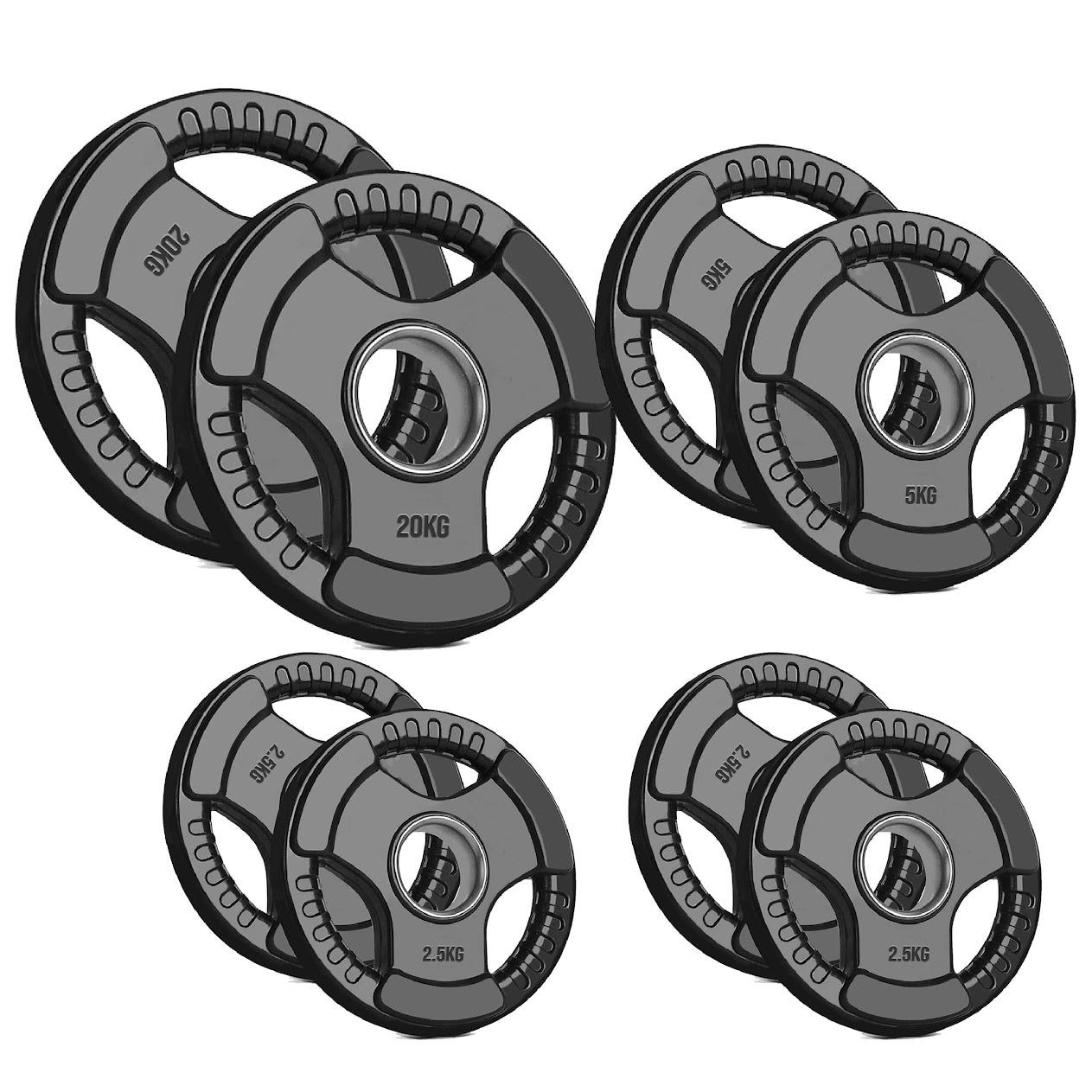 Trim-Grip Olympic Weight Plate – Black Rubber-Coated Cast‑Iron, Tri-Grip Handles for Barbell & Dumbbell Strength Training, Home Gym