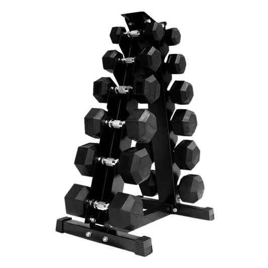 6-Pair Rubber-Coated Hex Dumbbell Set 2.5kg–30kg with Optional Tier 6 Rack – Anti-Roll Weights for Strength Training & Compact Home Gym Storage