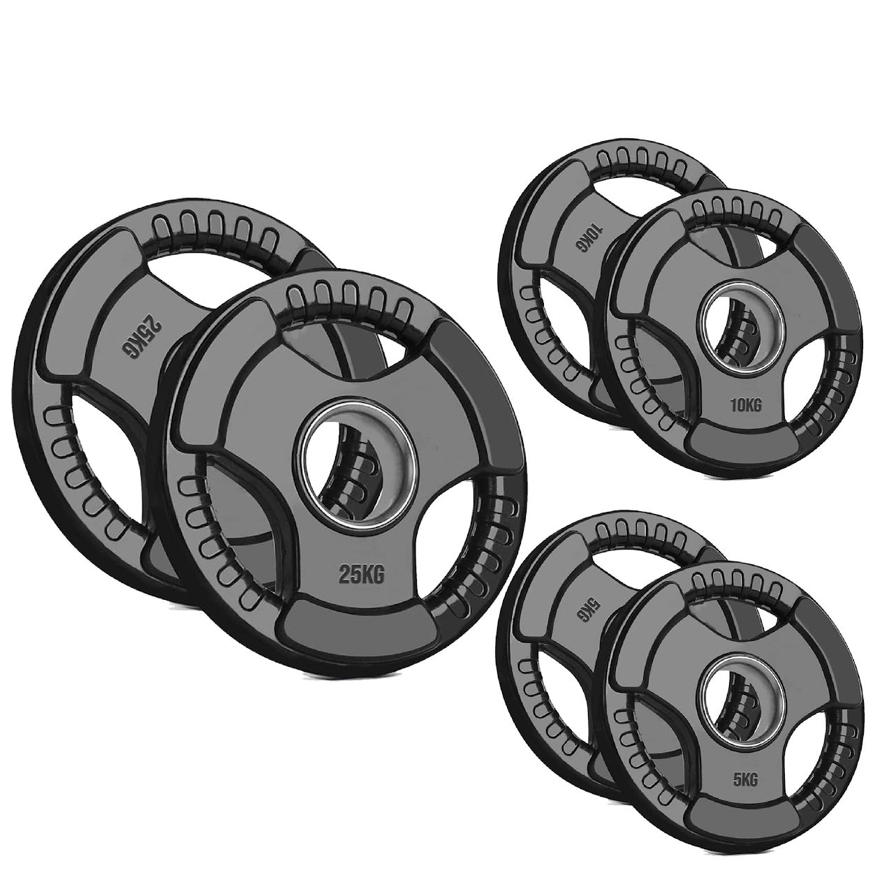 Trim-Grip Olympic Weight Plate – Black Rubber-Coated Cast‑Iron, Tri-Grip Handles for Barbell & Dumbbell Strength Training, Home Gym
