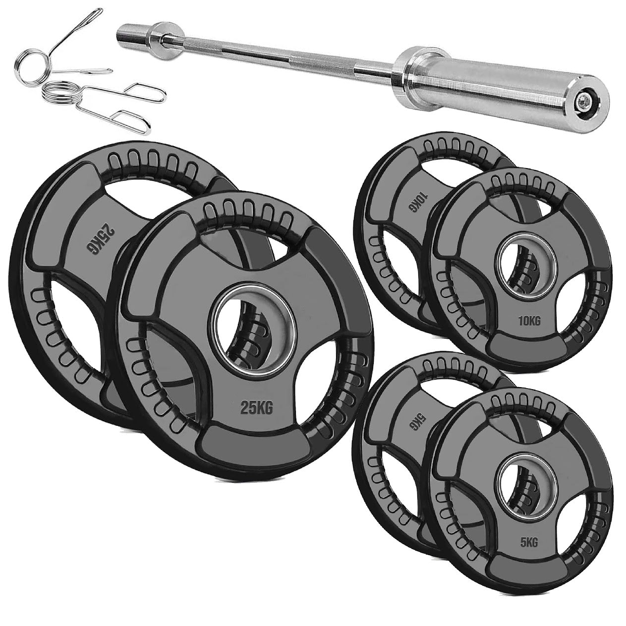 Trim-Grip Olympic Weight Plate – Black Rubber-Coated Cast‑Iron, Tri-Grip Handles for Barbell & Dumbbell Strength Training, Home Gym