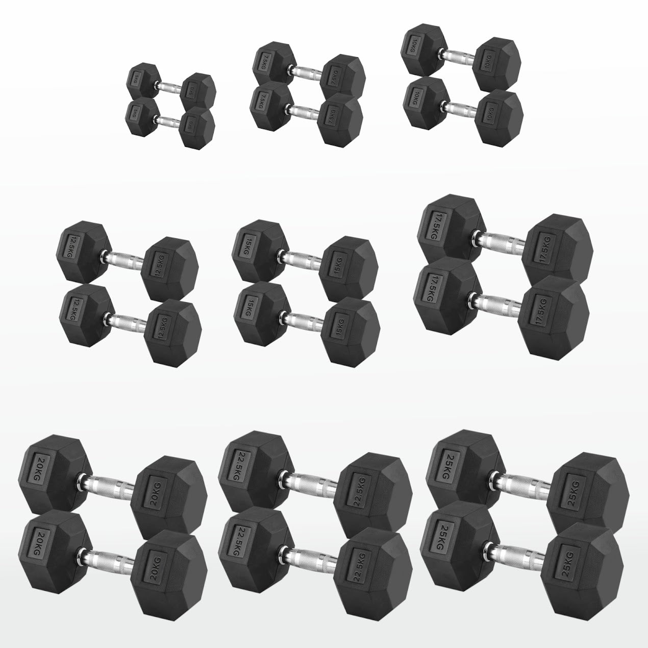 Hex Dumbbells 2.5kg–60kg Pairs & Sets – Heavy-Duty Rubber-Coated Anti-Roll Weights with Knurled Handles for Strength Training – Home Gym or Studio
