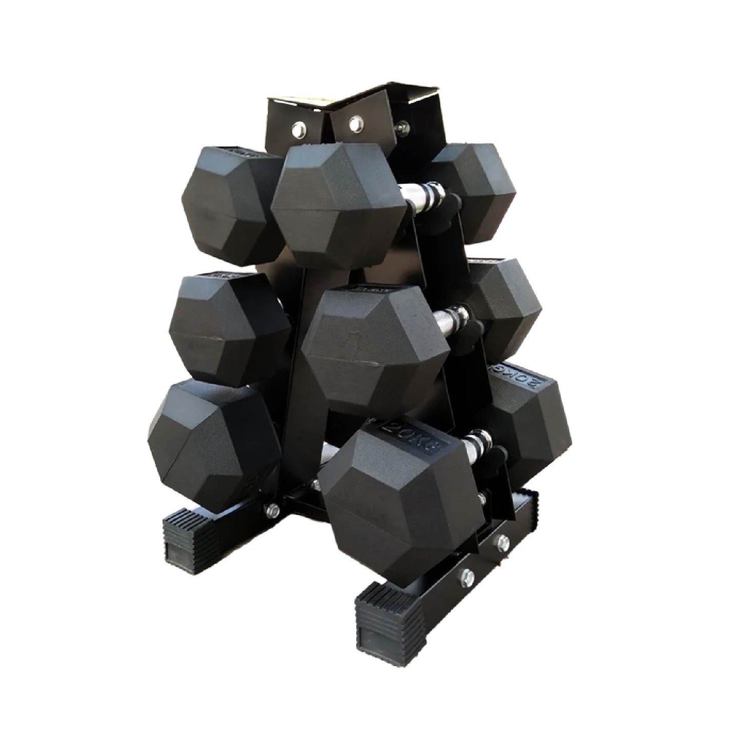 Set of black hex dumbbells with A3 Rack on a white background