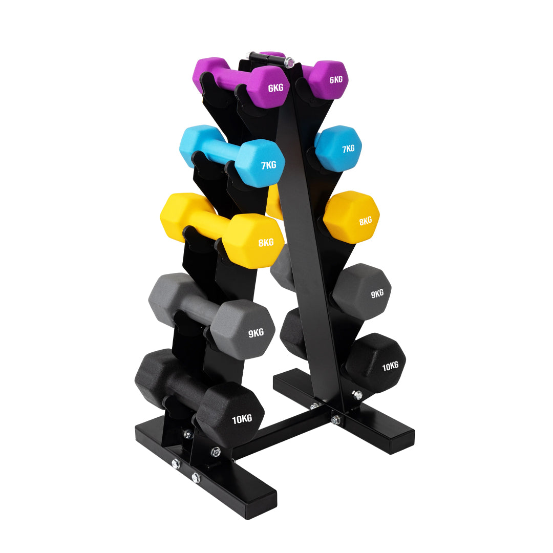 Heavy Duty Neoprene Dumbbell Tree Rack – Sturdy Steel A‑Frame, 3/5 Tier Compact Weights Storage for Home Gym