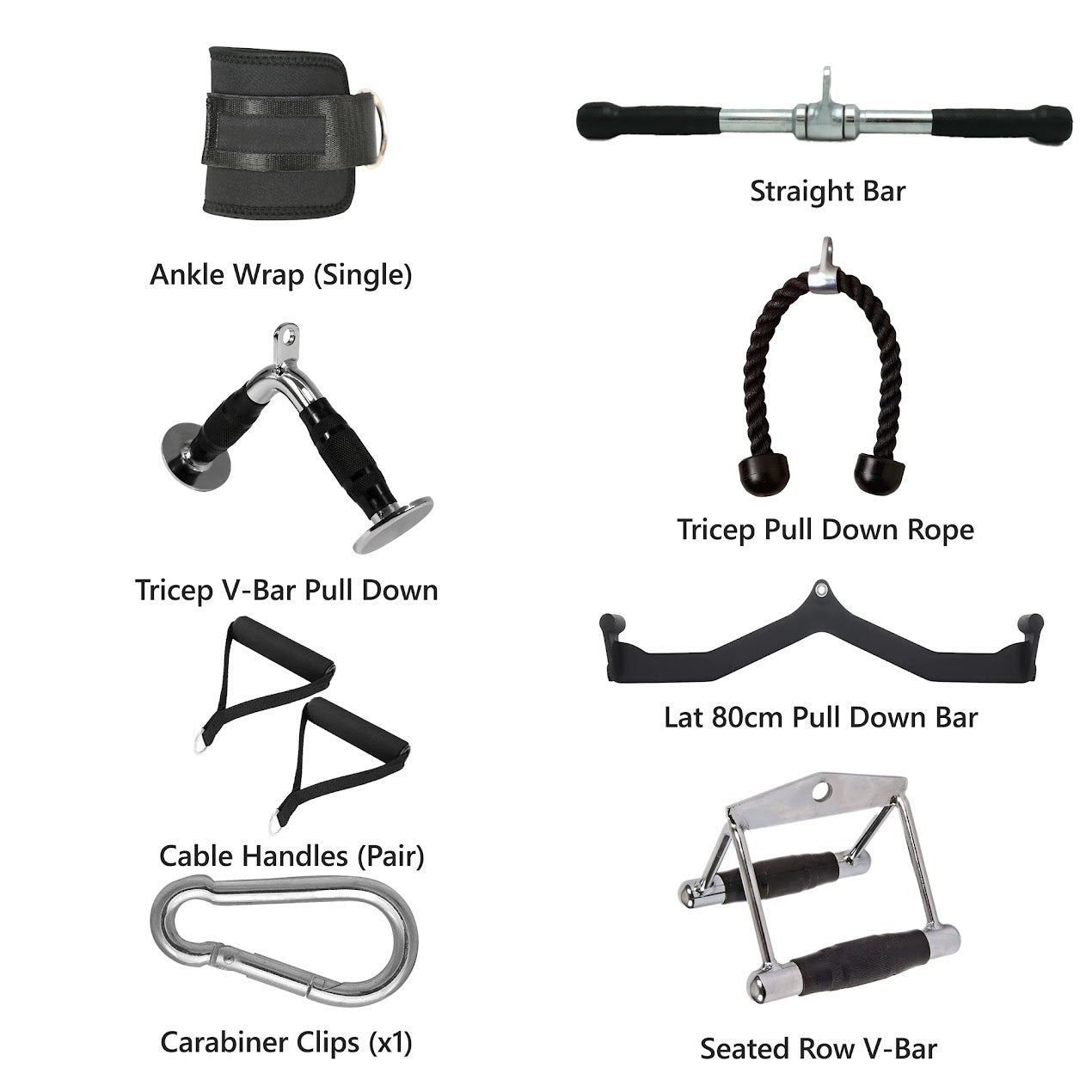 Cable Machine Attachments – Steel & Rubber Coated Handles, Multi Grip Bars & Ankle Straps for Full Body Strength Training – Ideal for Home Gyms