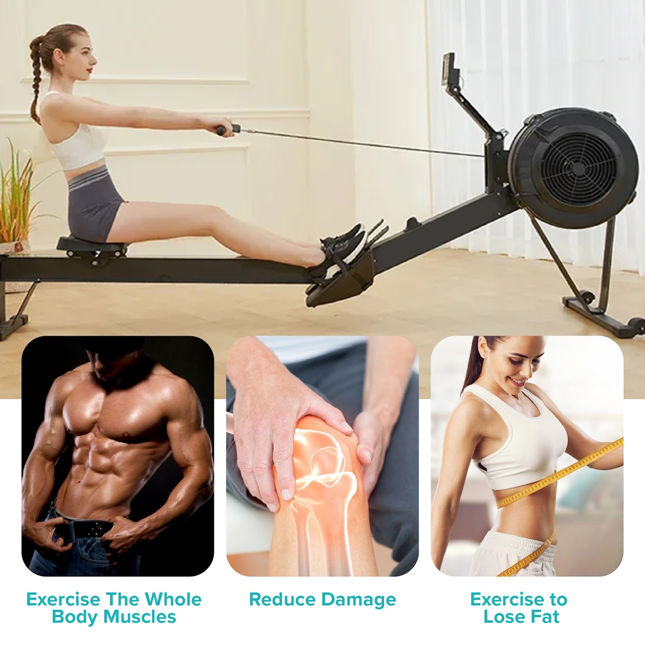 Adjustable Air Resistance Rowing Machine – Foldable Aluminium Frame, Silent 10-Level Rower with Smart Display & Ergonomic Seat for Home Gym Fitness