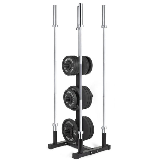 Heavy-Duty 3-Tier Olympic Weight Plate Rack with Barbell Holder – Black Powder-Coated Steel, 200kg Capacity, Space-Saving Home Gym Organizer