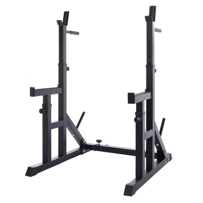 Adjustable Heavy Duty Squat & Bench Press Rack with Dip Bars – Reinforced Steel Frame, Safety Spotters & Barbell Holders for Home Strength Training