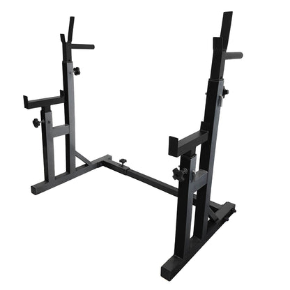 Adjustable Heavy Duty Squat & Bench Press Rack with Dip Bars – Reinforced Steel Frame, Safety Spotters & Barbell Holders for Home Strength Training