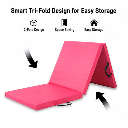 Tri-Fold Gymnastics Mat 5cm Thick PU Leather Non-Slip Foldable Crash Mat with Handles for Kids & Adults – Home Gym Yoga Pilates Stretching