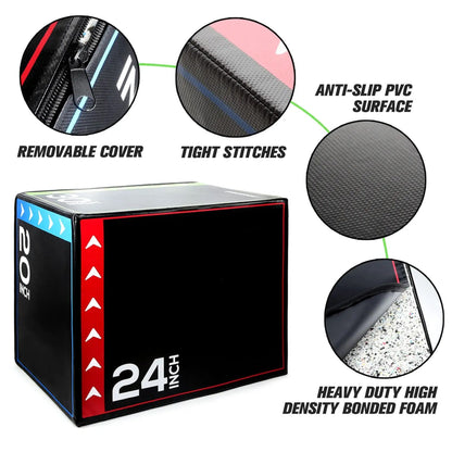 3‑in‑1 Soft Foam Plyometric Jump Box with Non‑Slip PVC Coating – 16/20/24″ Heights for Home Gym Strength & Jump Training