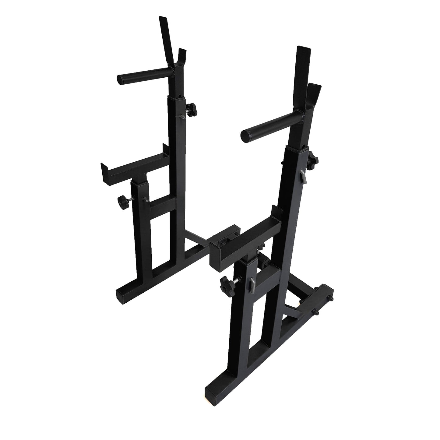 Adjustable Heavy Duty Squat & Bench Press Rack with Dip Bars – Reinforced Steel Frame, Safety Spotters & Barbell Holders for Home Strength Training