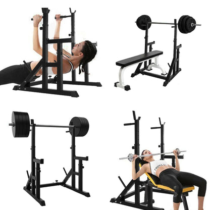 Adjustable Heavy Duty Squat & Bench Press Rack with Dip Bars – Reinforced Steel Frame, Safety Spotters & Barbell Holders for Home Strength Training
