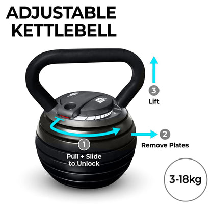 7 in 1 Adjustable Kettlebell Weight Set – 3.4kg to 18kg, Quick Lock System, Ergonomic Handle, Compact Strength Training Gear for Home Gym Workouts