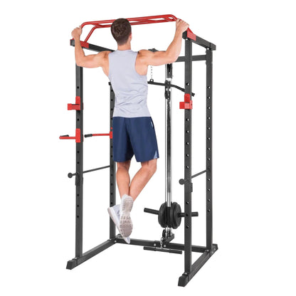 Adjustable Power Rack Multi-Cage with Dual Cable Pulley & Pull-Up Bar – Heavy-Duty Steel Strength Training Station for Home Gym Fitness