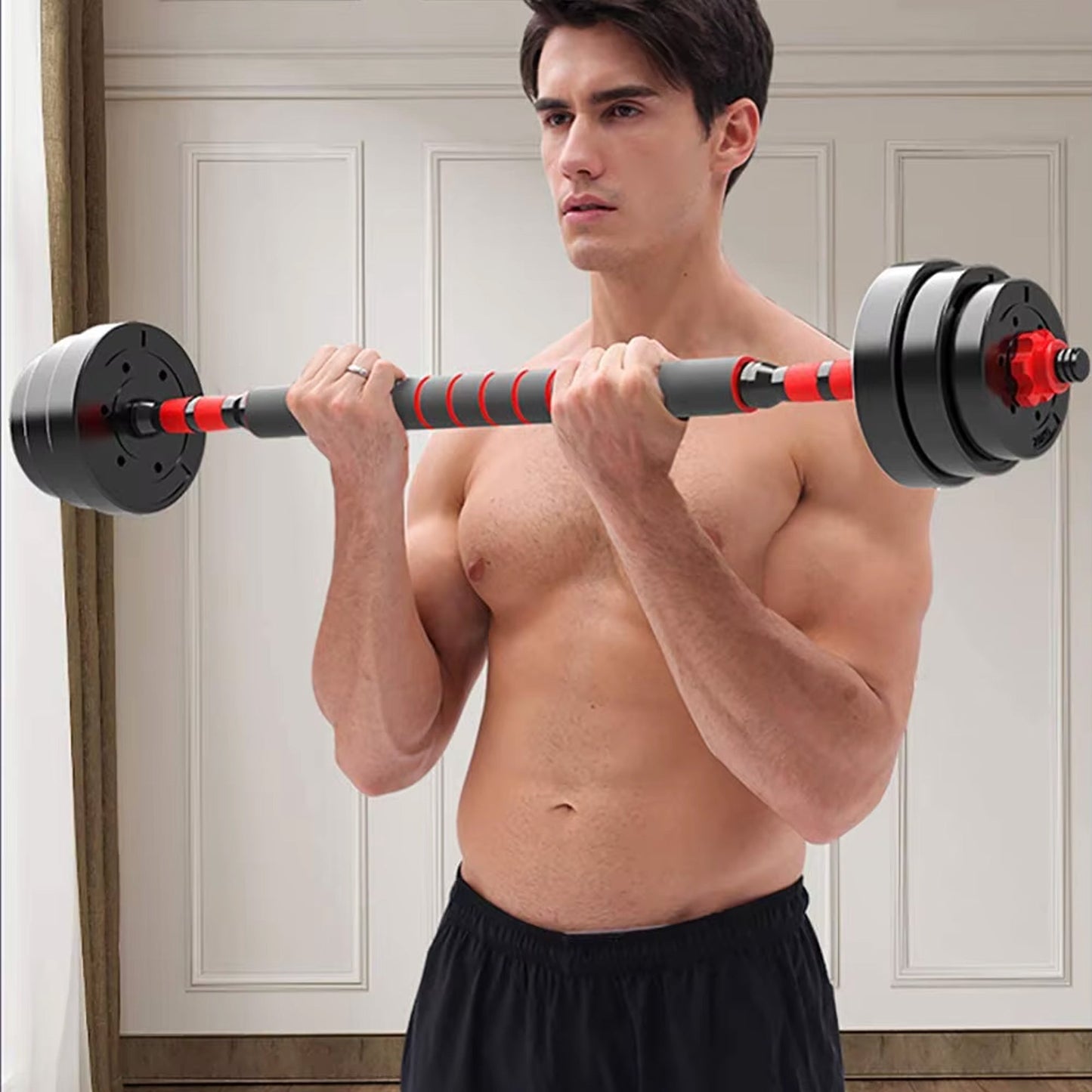 Adjustable Dumbbells & Barbell Set – Vinyl‑Coated 20 / 25 / 30 kg Muscle Workout Kit for Home Gym, Noise‑Reducing, Space‑Saving