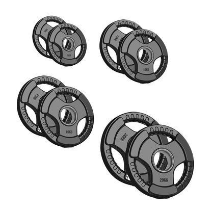 Tri-Grip Olympic Weight Plate – Black Rubber-Coated Cast‑Iron, Tri-Grip Handles for Barbell & Dumbbell Strength Training, Home Gym