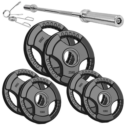 Trim-Grip Olympic Weight Plate – Black Rubber-Coated Cast‑Iron, Tri-Grip Handles for Barbell & Dumbbell Strength Training, Home Gym