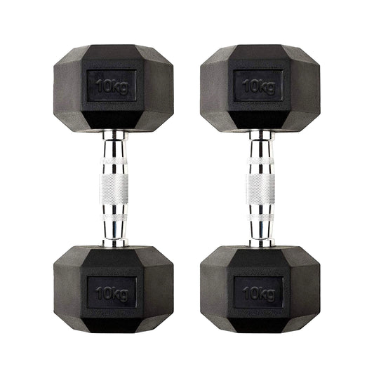 Hex Dumbbell Pair 10kg – Rubber-Coated Anti-Roll Dumbbells with Chrome Knurled Handles | 2 x 10kg Cast Iron Weights for Strength Training & Home Gym UK