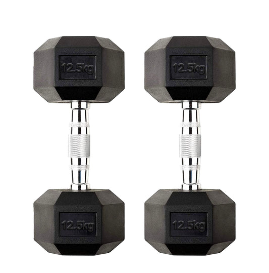 Hex Dumbbell Pair 12.5kg – Rubber-Coated Dumbbells with Anti-Roll Design & Chrome Handles | 2 x 12.5kg Free Weights for Strength Training & Home Gym UK