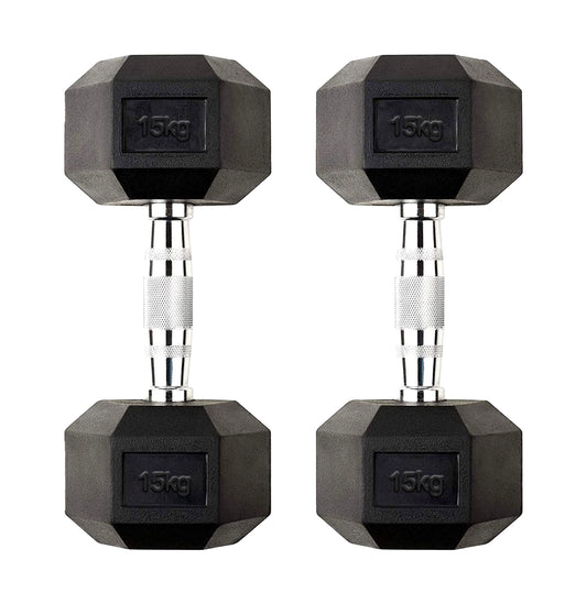 Hex Dumbbell Pair 15kg – Rubber-Coated Cast Iron Weights with Anti-Roll Hex Design | 2 x 15kg Dumbbells for Strength Training & Home Gym UK