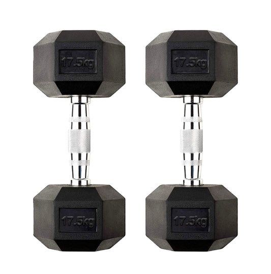 Hex Dumbbell Pair 17.5kg – Rubber-Coated Anti-Roll Dumbbells with Knurled Chrome Handles | 2 x 17.5kg Cast Iron Weights for Home & Gym Strength Training UK