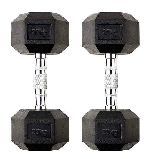 Hex Dumbbell Pair 20kg – Rubber-Coated Cast Iron Dumbbells with Anti-Roll Hex Design & Knurled Chrome Handles – 2 x 20kg Free Weights for Strength Training UK